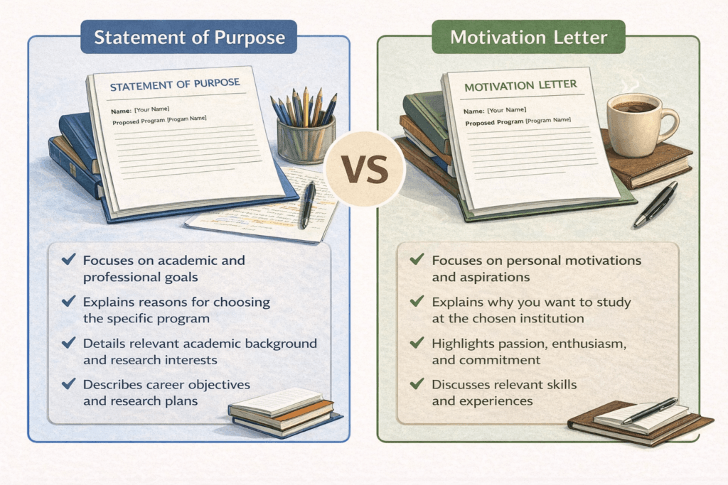 An image showing the differences between statement of purpose and motivation letter